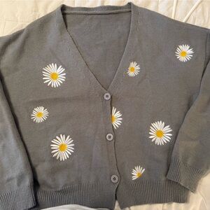 Gray Cardigan with Daisy Embroidery